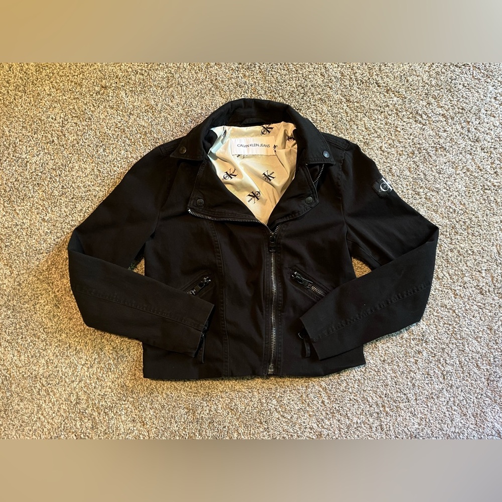 Calvin Klein Jeans Women’s Moto Jacket Size M Black Zip UP Retro Cotton